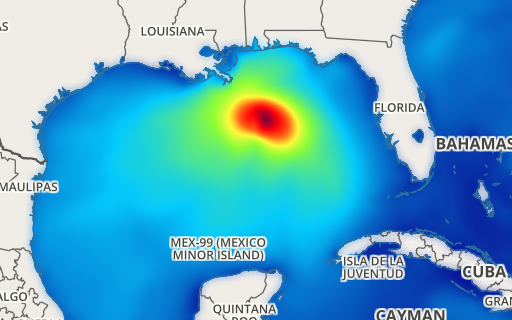 Xweather primary wave height guidance map of the Gulf of Mexico